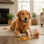 Happy dog eating Chicken Chips all-natural dog treats