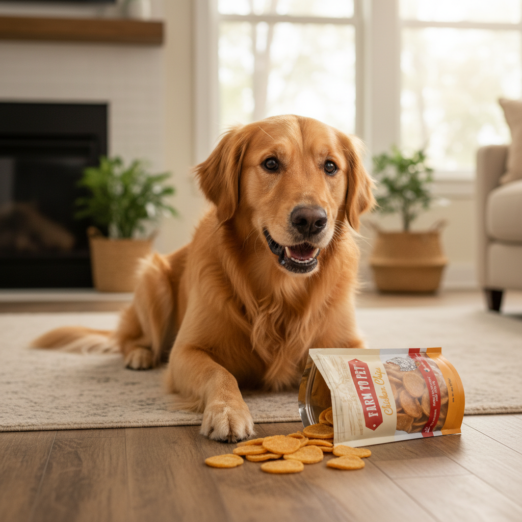 Happy dog eating Chicken Chips all-natural dog treats